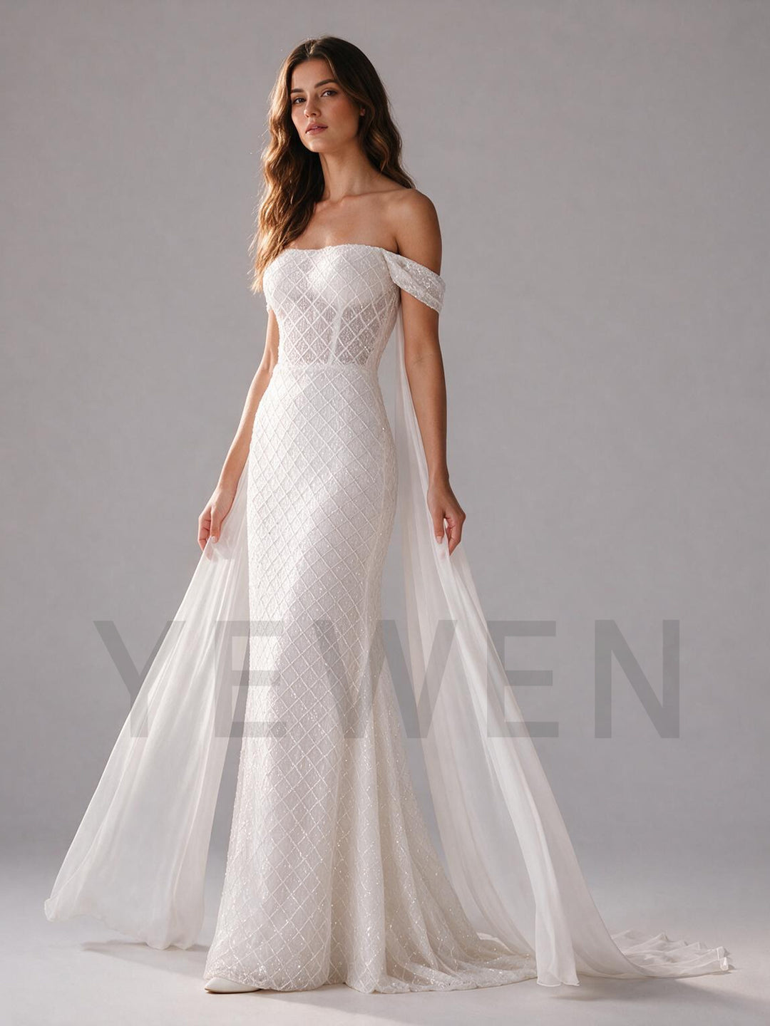 Ivory Off-Shoulder Diamond Lace Boho Wedding Dress with Draped Cape