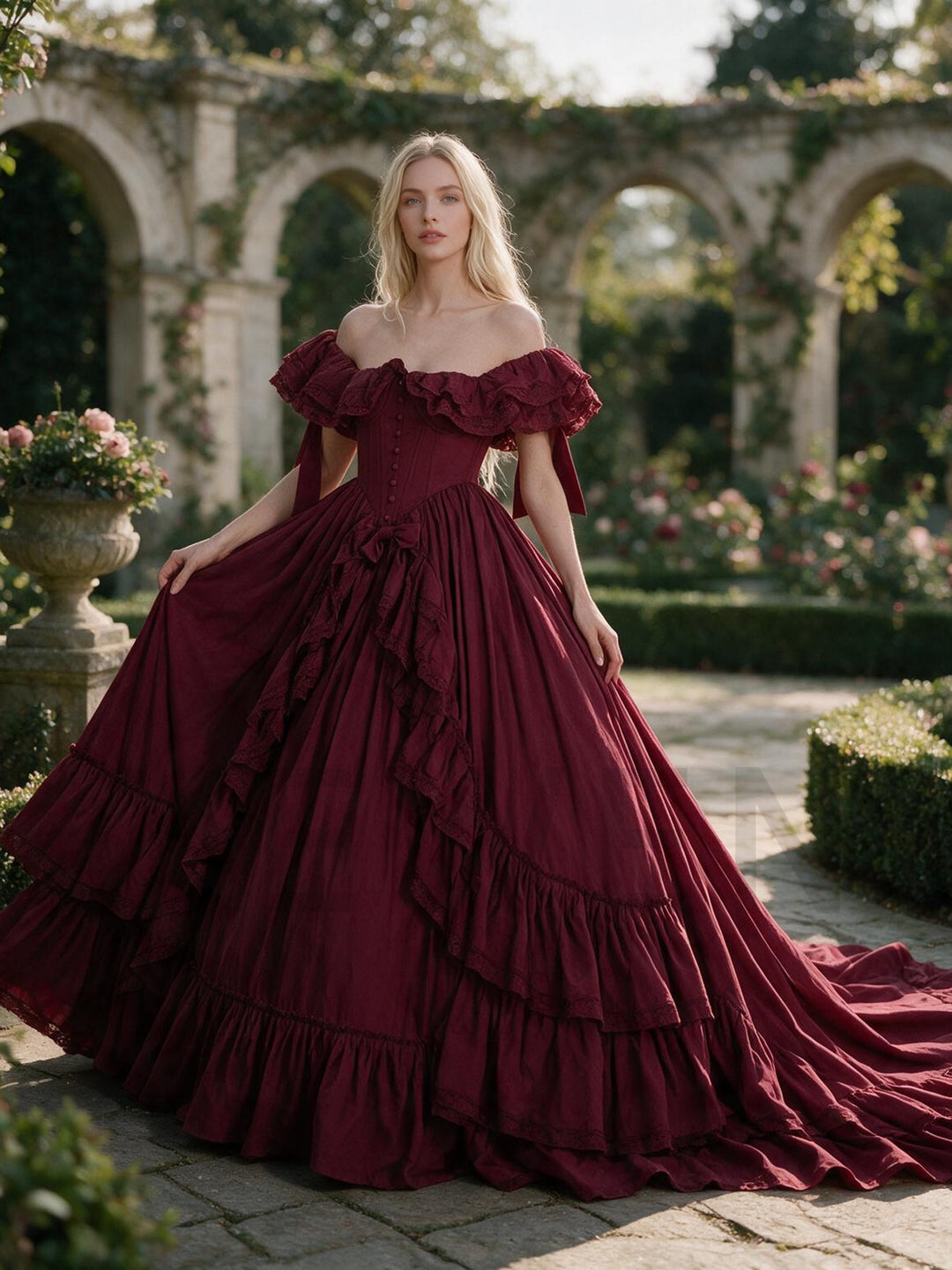 Burgundy Off-Shoulder Ruffled Corset Tiered Christmas Dress YW2610096