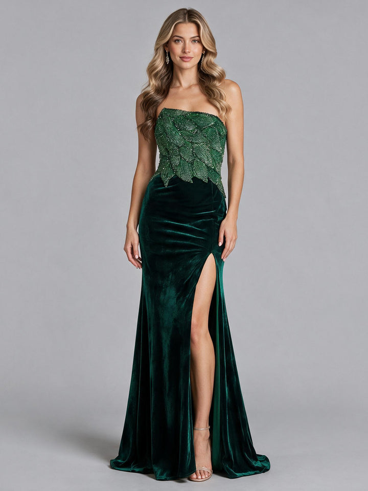 Green Strapless Beaded Velvet Mermaid Christmas Dress YW2609226