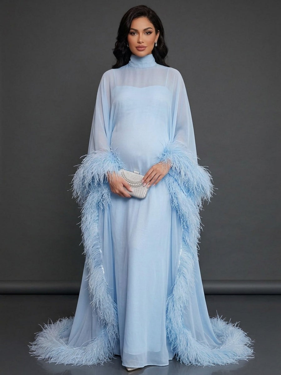 Blue Ostrich Feather Cape Maternity Baby Shower Dress YD260837
