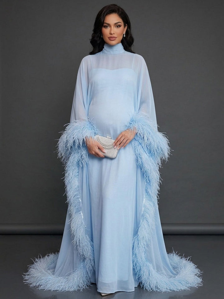 Blue Ostrich Feather Cape Maternity Baby Shower Dress YD260837