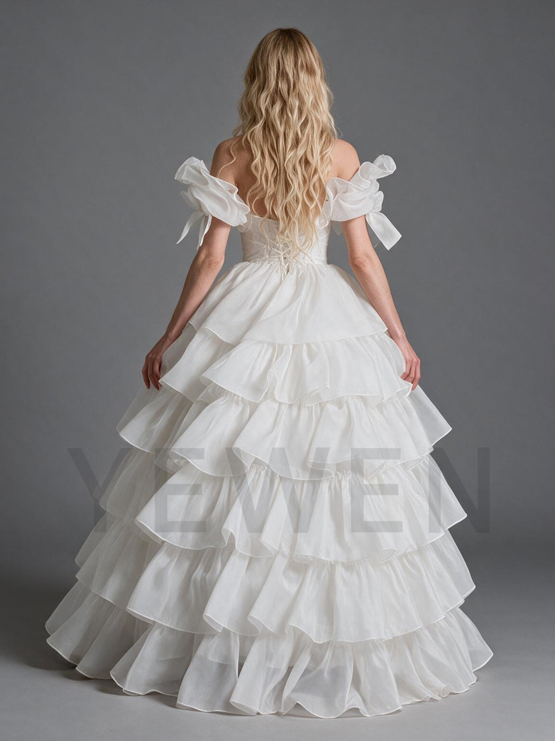 White Off-Shoulder Puff Sleeve Tiered Ruffle Princess Dress YW2610135
