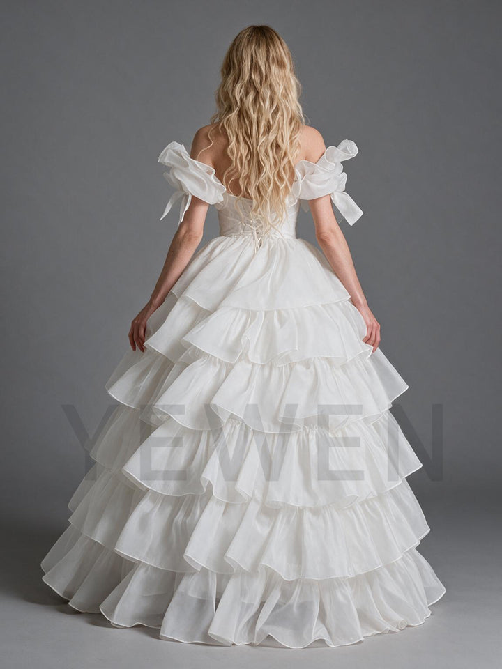 White Off-Shoulder Puff Sleeve Tiered Ruffle Princess Dress YW2610135