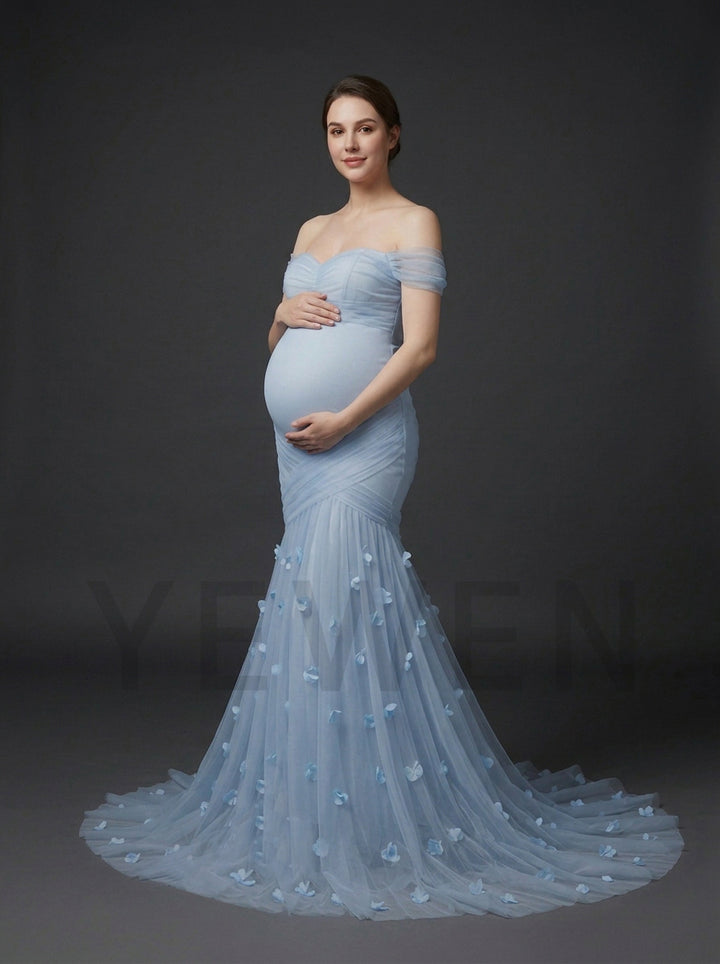 Blue Off-Shoulder 3D Floral Maternity Photoshoot Gown YD260914