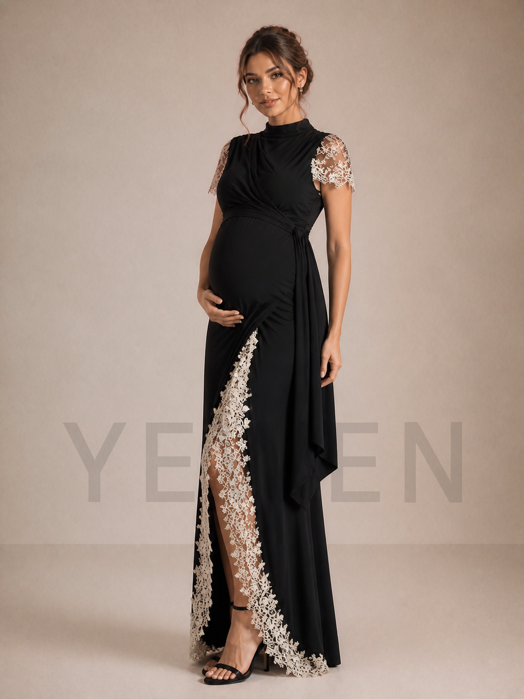 Black Maternity Baby Shower Dress Mock Neck Gown with Lace Split Skirt ZX007