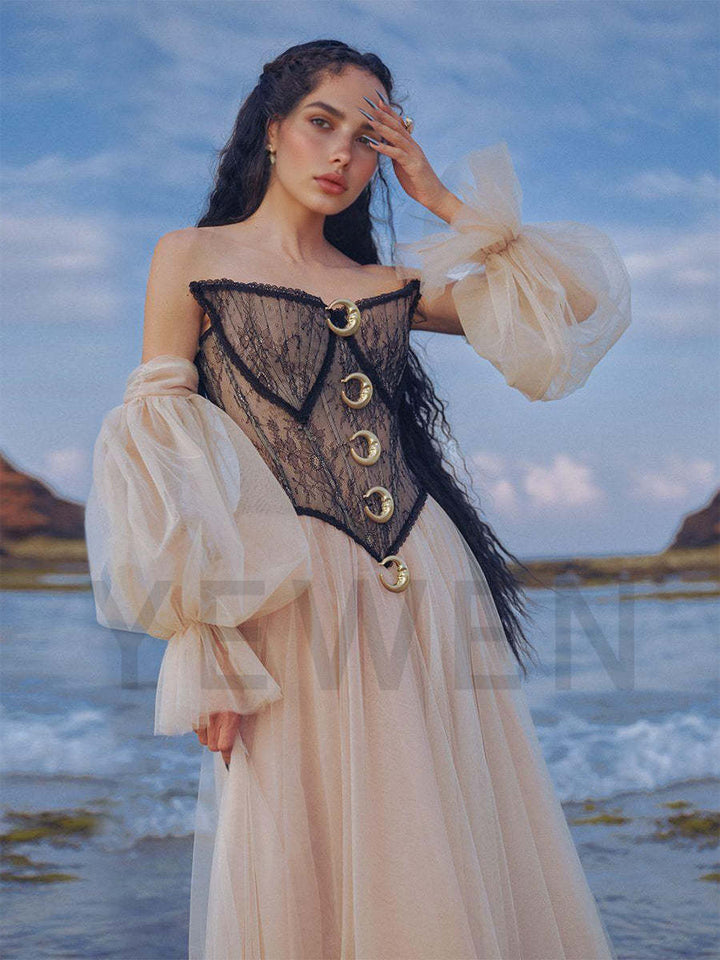 A Line Ball Gown Corset Waist Mesh Lace Floor Length Dress Photoshoot Dress YW250062