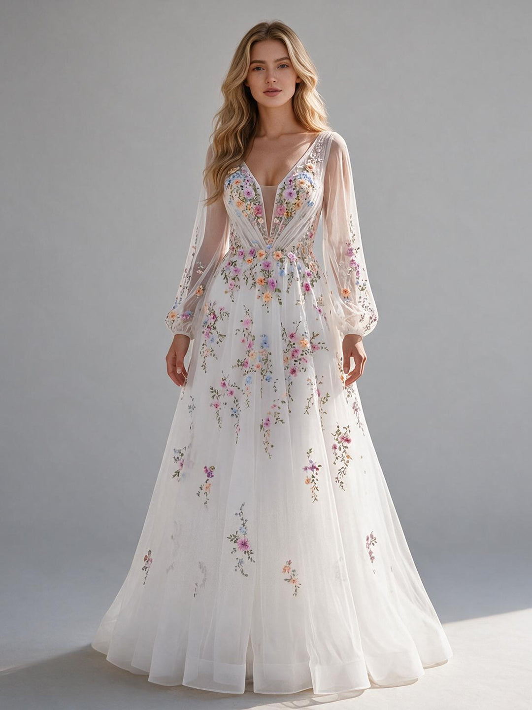 Ivory Deep V-Neck Floral Wedding Dress with Sheer Long Sleeves