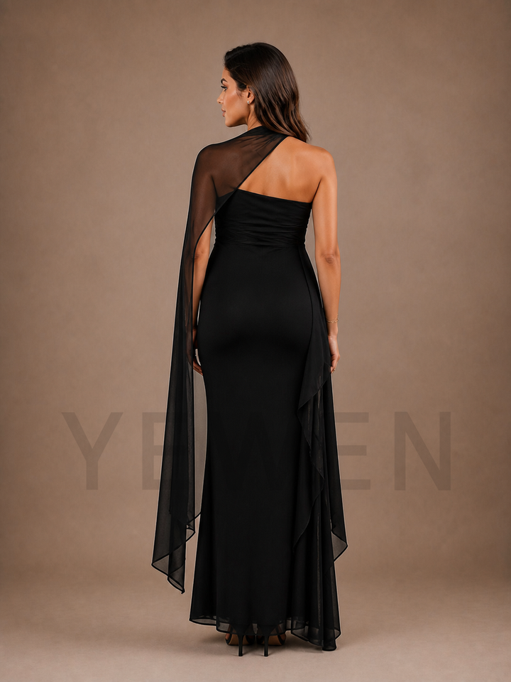 Black Cutout Maternity Baby Shower Dress with Sheer Mesh Cape Overlay ZX019