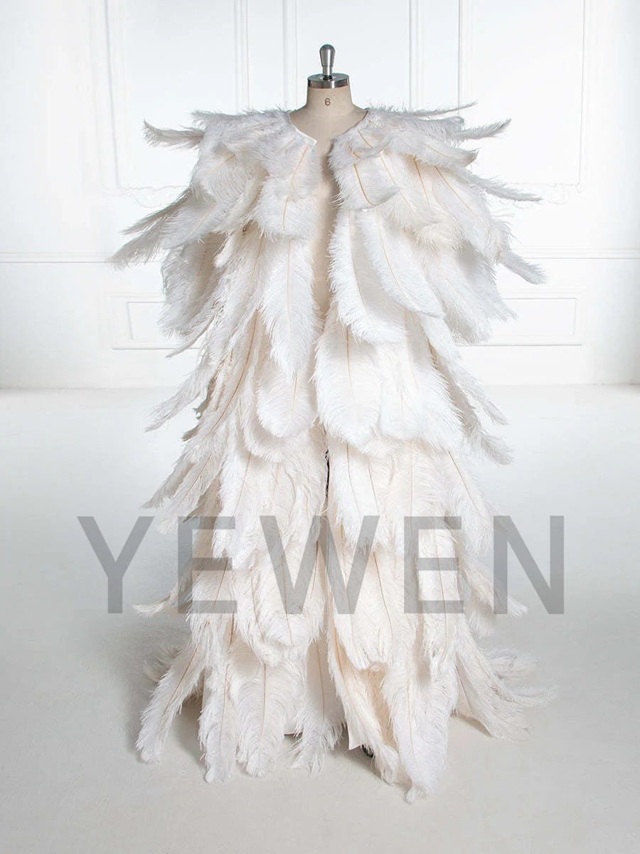 Luxury Burgundy Ostrich Feather Maternity Robe for Photoshoot YW250017