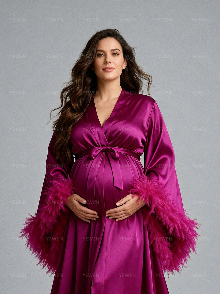 Elegant Magenta Satin Maternity Robe Long Train Feather Trim Pregnancy Photoshoot Dress Luxury Maternity Photography Outfit