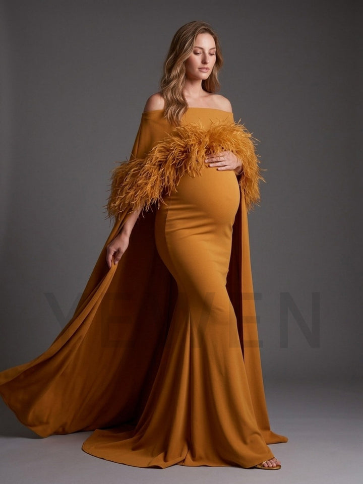 Off-Shoulder Feather Cape Pregnancy Dress for Baby Shower YW2609232