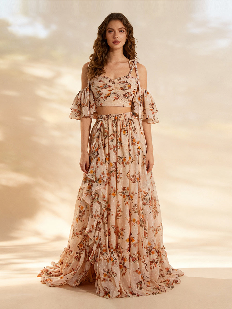Boho 2 Piece Set Printed Floral Dress Woman Maxi Dress Photography Props Outfits YW240085