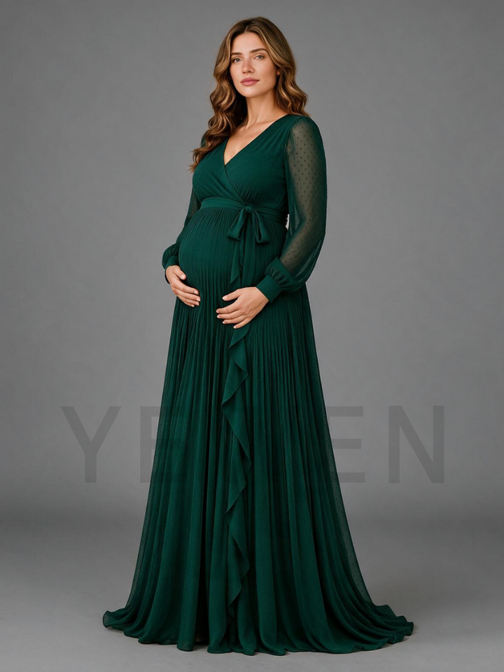 Flowy Green Wrap V-Neck Maternity Dress For Baby Shower