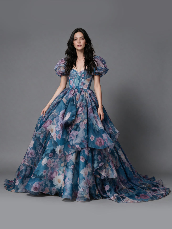 Floral Print Puff Sleeve Tiered Ruffle Princess Dress YW2610157