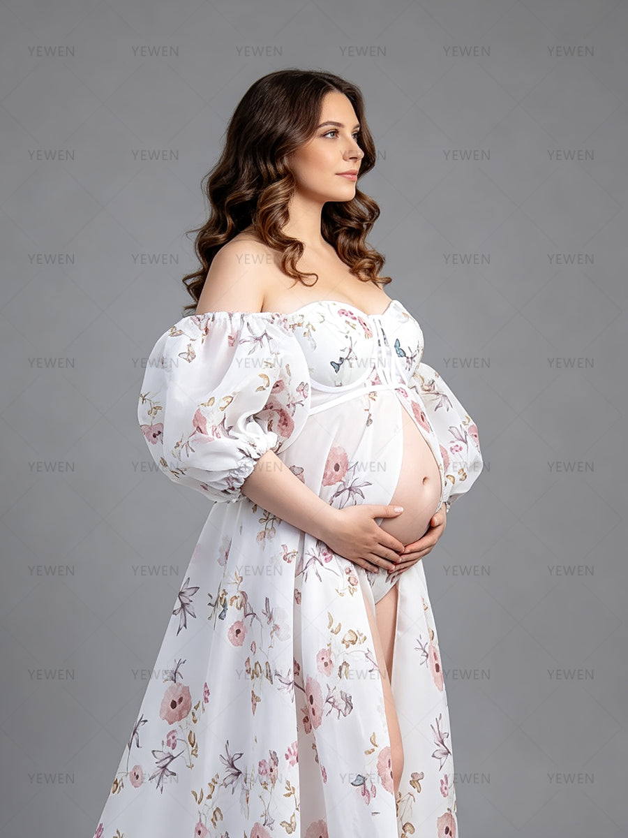 Maternity Photoshoot Floral Organza Dresses Pregnant Gown for Baby Shower