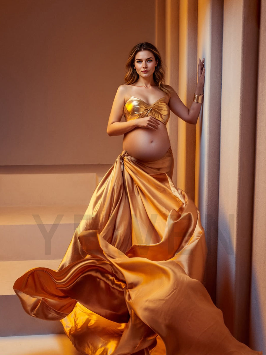 Golden Maternity Photography Props Photoshoot Dress for Pregnant Women