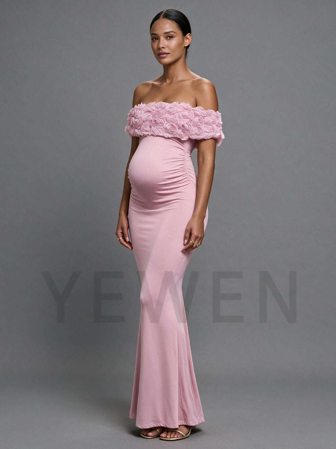 Pink 3D Rose Off-The-Shoulder Maternity Maxi Dress for Baby Shower