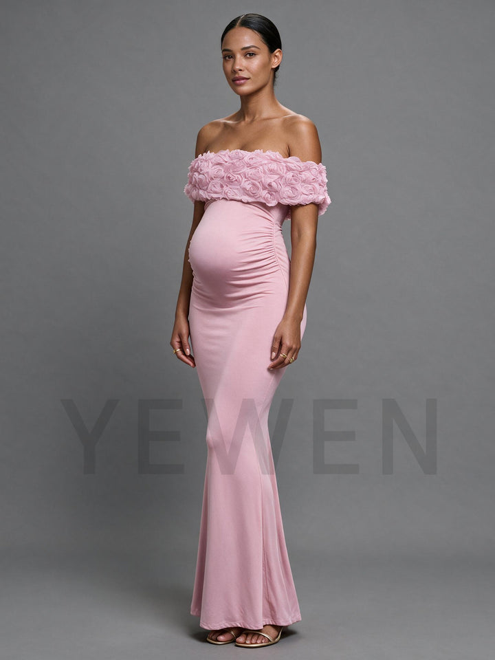 Pink 3D Rose Off-The-Shoulder Maternity Maxi Dress for Baby Shower