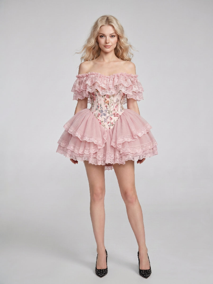 Pink Floral Off-Shoulder Layered Ruffle Mini Princess Dress WT268012