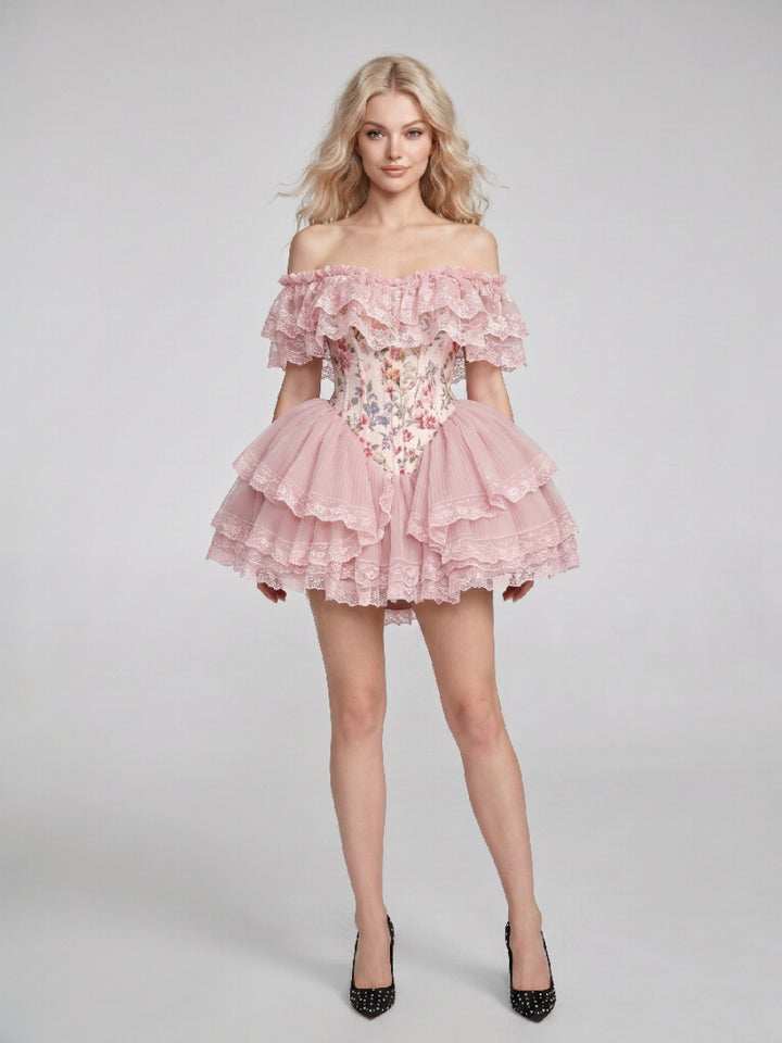 Pink Floral Off-Shoulder Layered Ruffle Mini Princess Dress WT268012