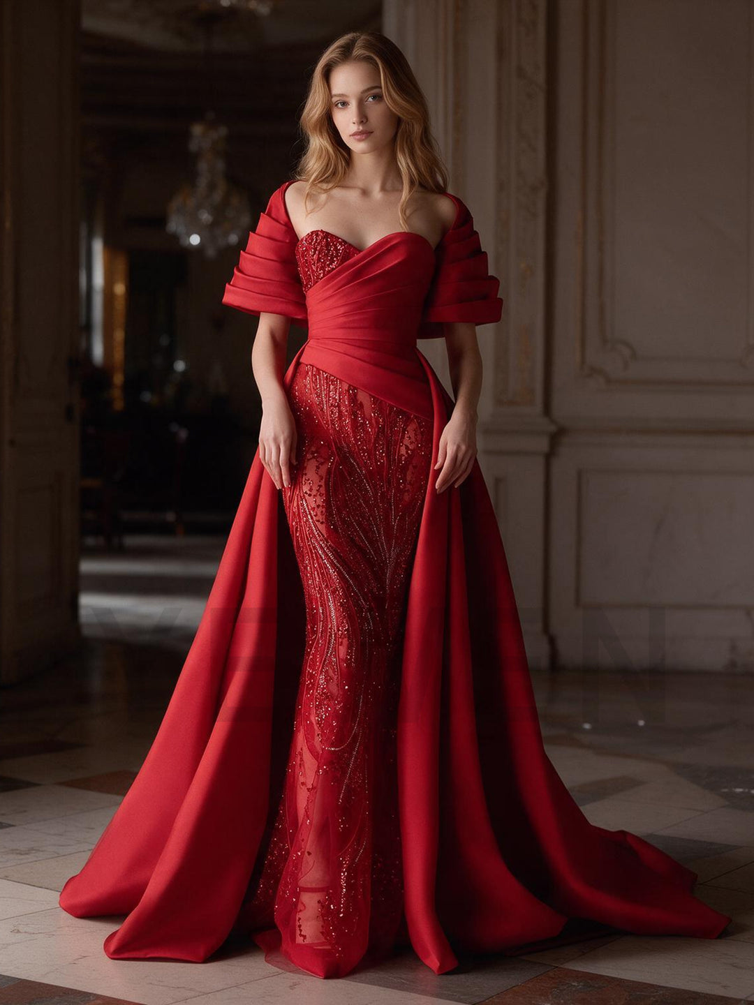 Red Off-Shoulder Ruched Satin Cape Sequin Christmas Dress YW2610091