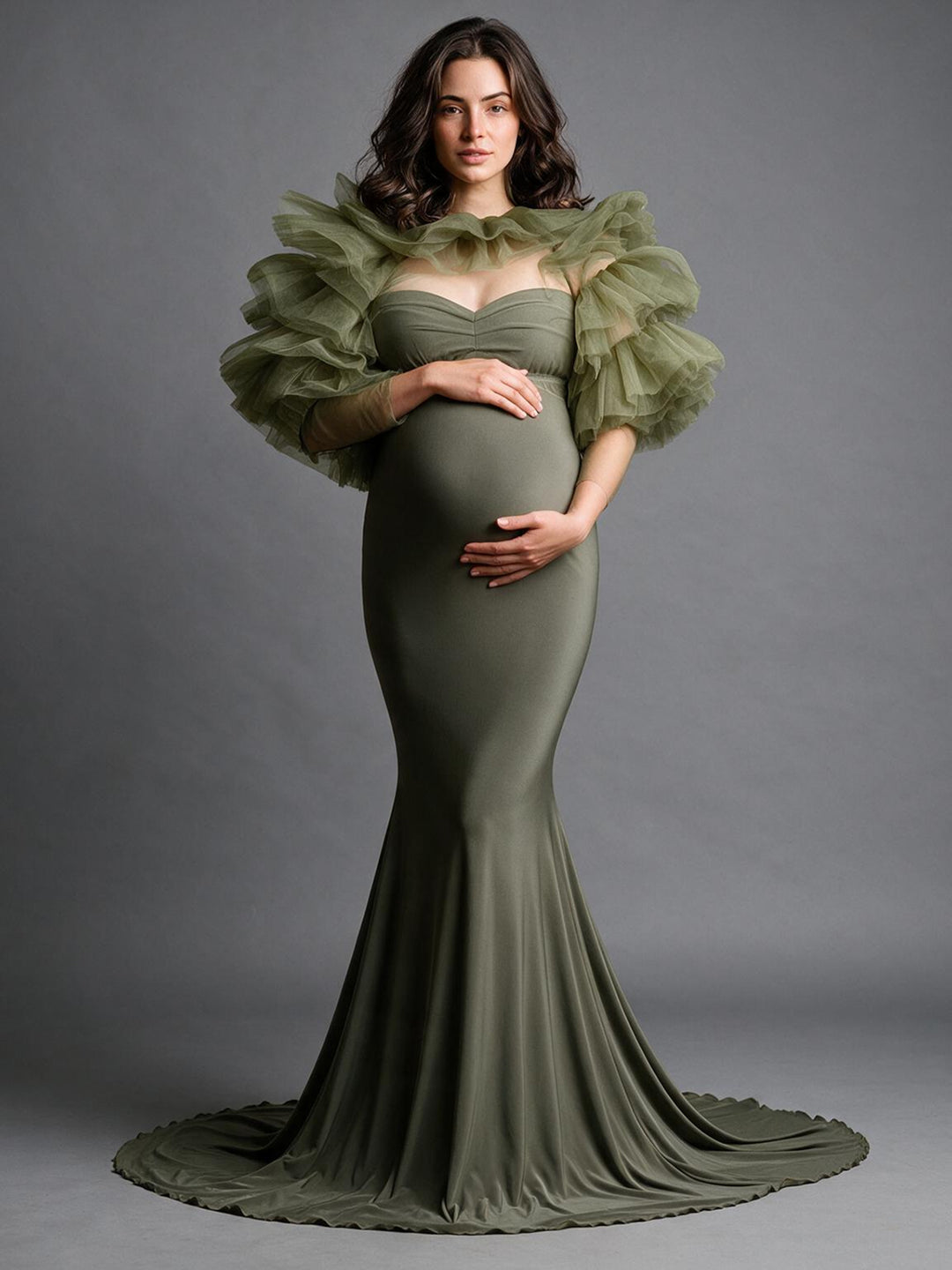 Strapless Ruffle Cape Mermaid Maternity Photoshoot Gown YW2610141