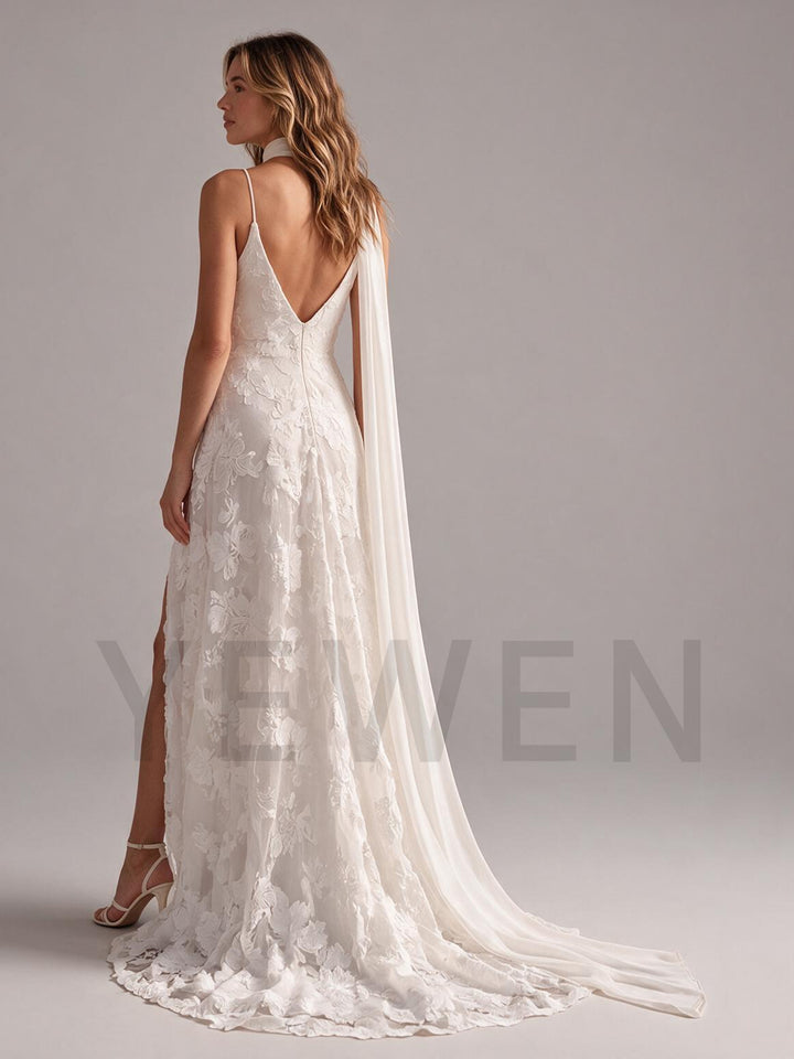 Ivory Spaghetti Strap V-Neck Floral Wedding Dress with Flowy Scarf