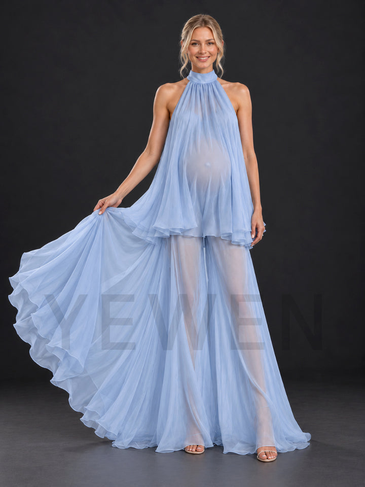 Blue Halter Sheer Tulle Wide-Leg Maternity Photoshoot Gown HA261002