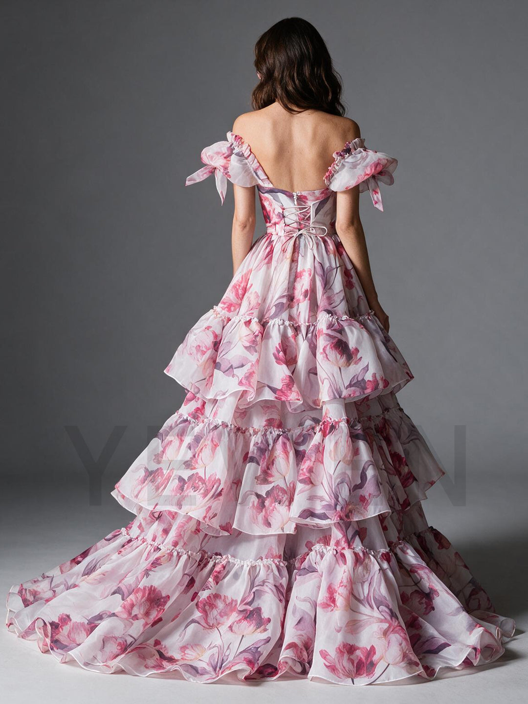Pink Floral Print Off-Shoulder Tiered Ruffle Princess Dress YW2610133