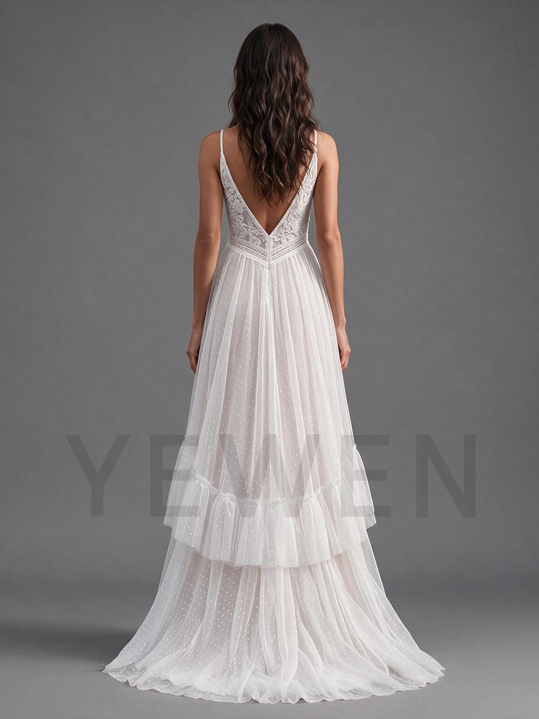 Ivory Spaghetti Strap V-Neck Lace Corset Boho Wedding Dress