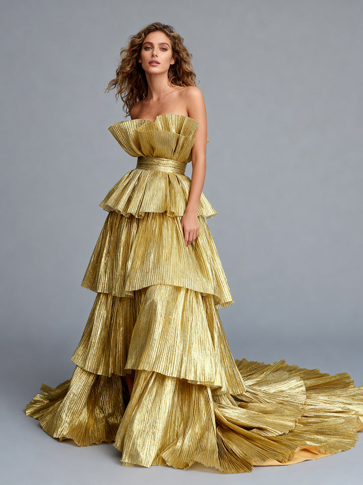 Golden Tored Puffy Pleated Evening Dresses Formal Occasion Prom Party Gown 2025