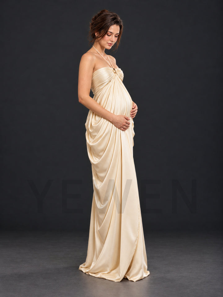 Draped Satin Halter Strapless Maternity Gown for Photoshoot HA261005