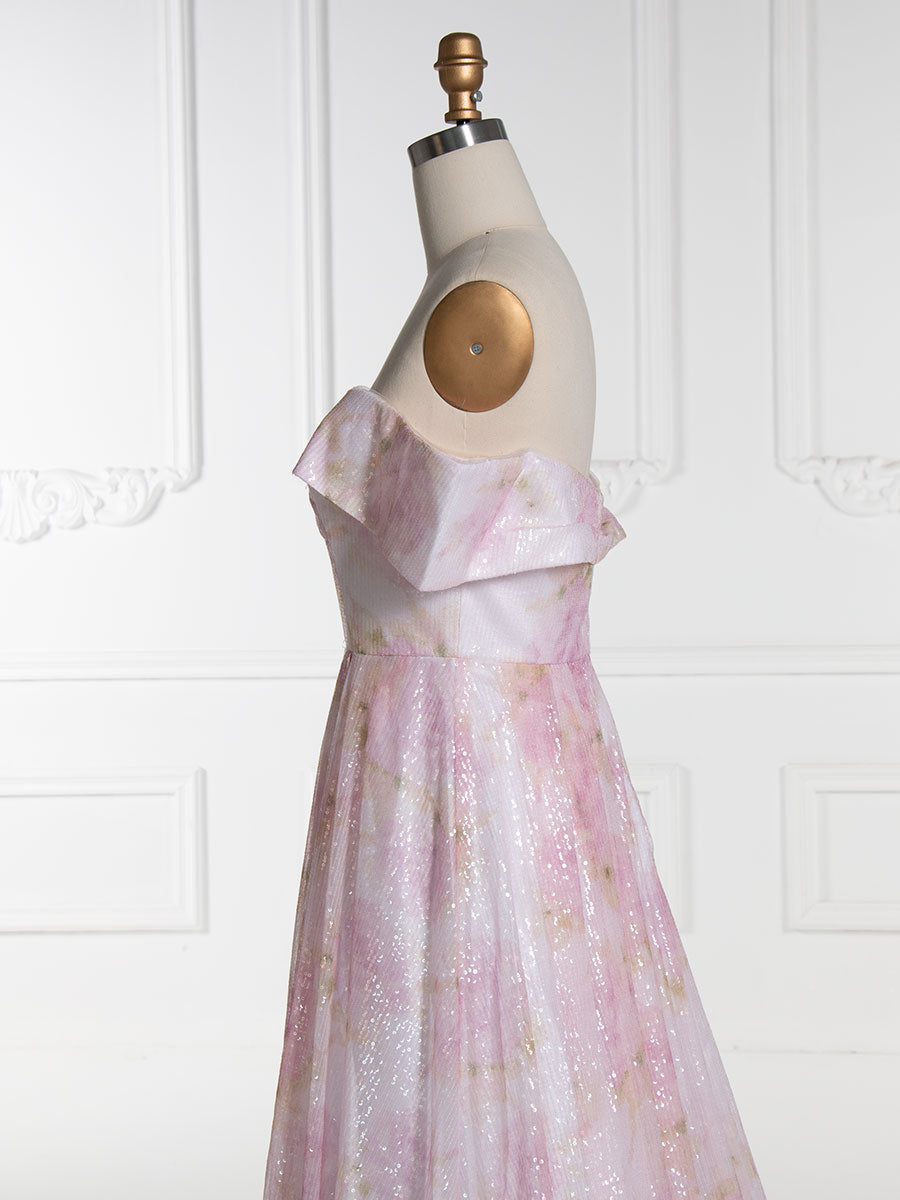 Elegant Off Shoulder Pink Printed Prom Dress YE3019