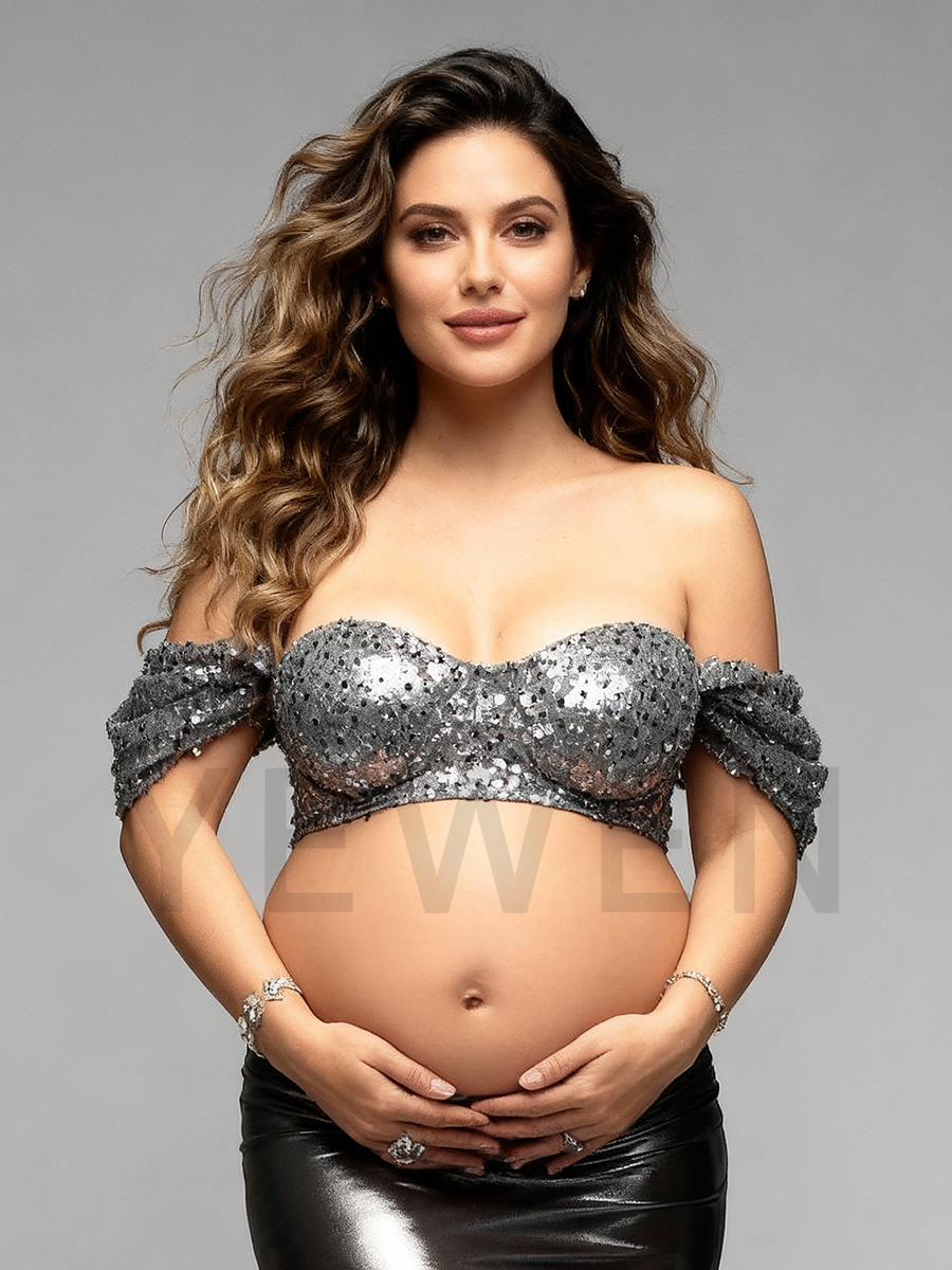 Maternity Photoshoot Gown Beads sequins Corset shiny fabric skirt