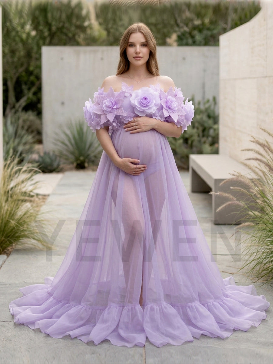 Purple One-Shoulder 3D Floral Sheer Maternity Photoshoot Gown YD260905