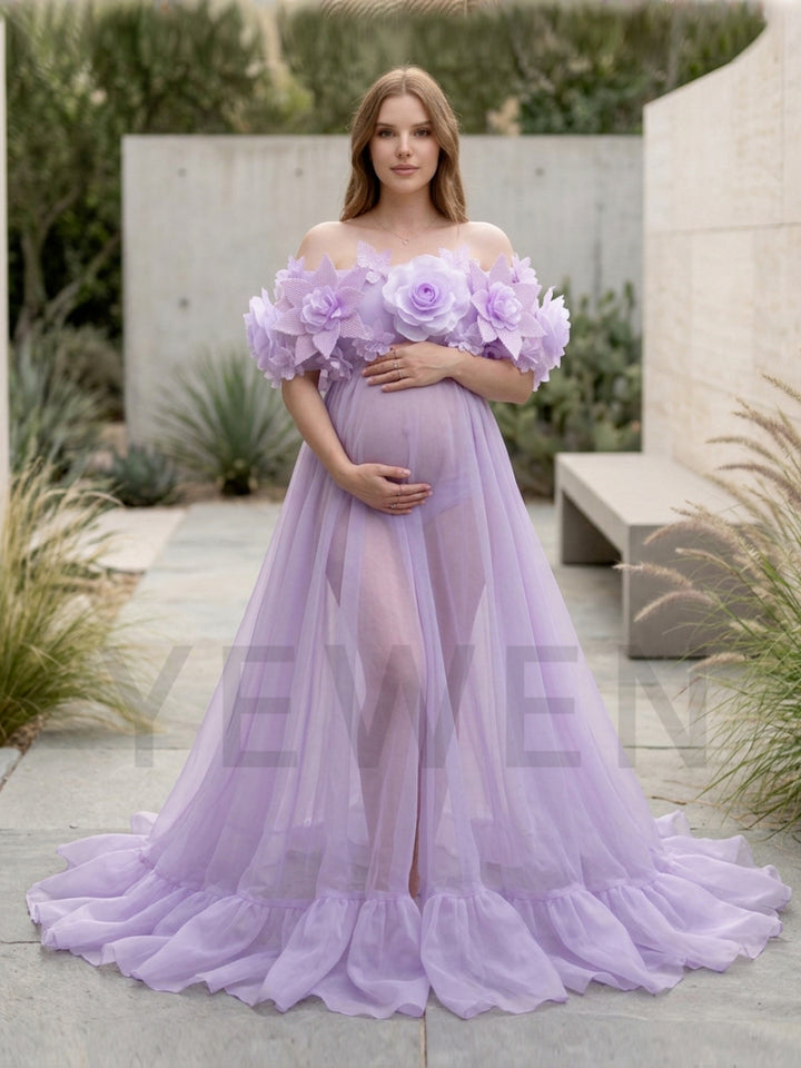 Purple One-Shoulder 3D Floral Sheer Maternity Photoshoot Gown YD260905