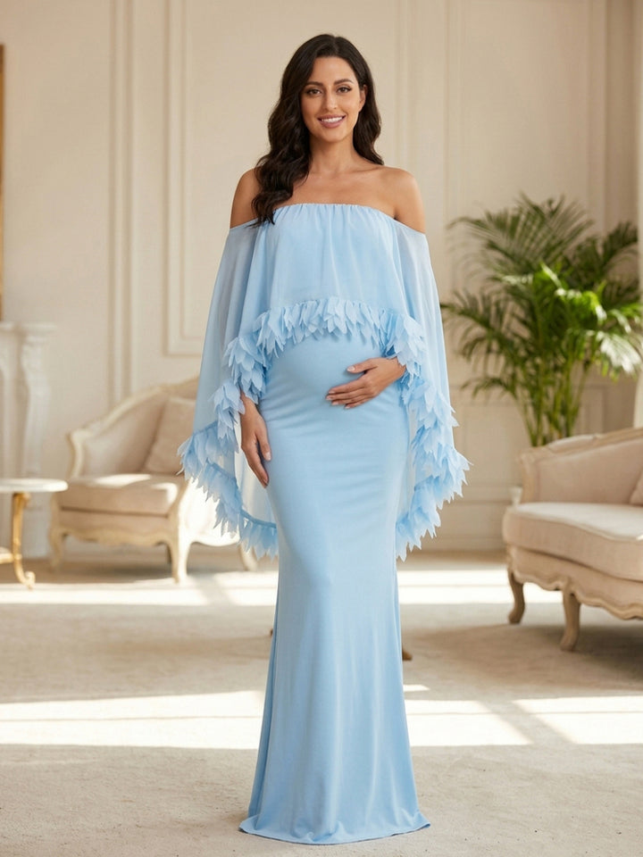 Light Blue Maternity Baby Shower Dress With Off-Shoulder Cape And Feather Trim YD260831