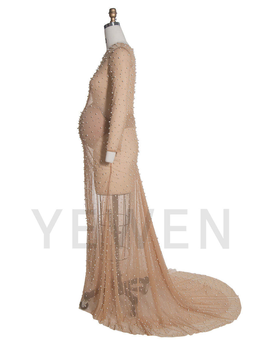 Stretchy Mesh Pearls Maternity Fitted Dress for Photoshoot