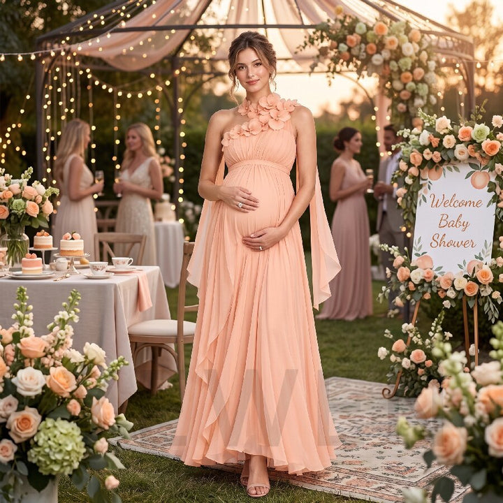 One-Shoulder Flowy Cape 3D Floral Maternity Baby Shower Dress L-26946