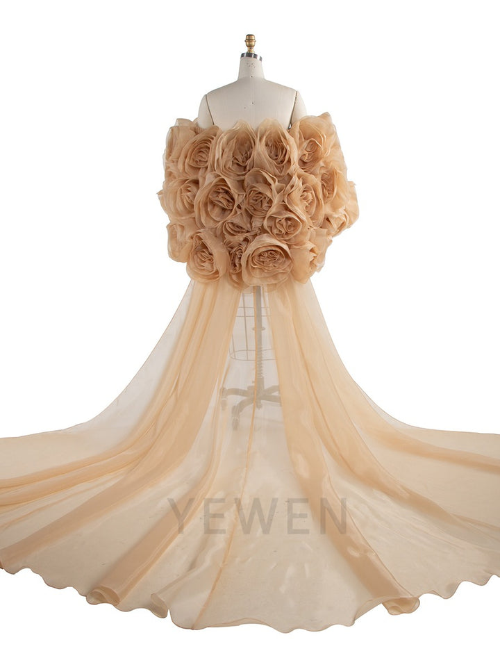 Gorgeous Handmade 3D Flower Short Cape with Detachable Train Elegant Wedding Cover Up Bridal Shawl YW250028