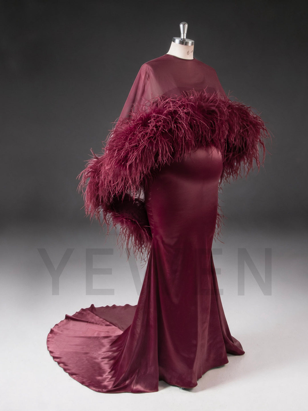 Burgundy Ostrich Feather Cape Maternity Baby Shower Dress YD260917
