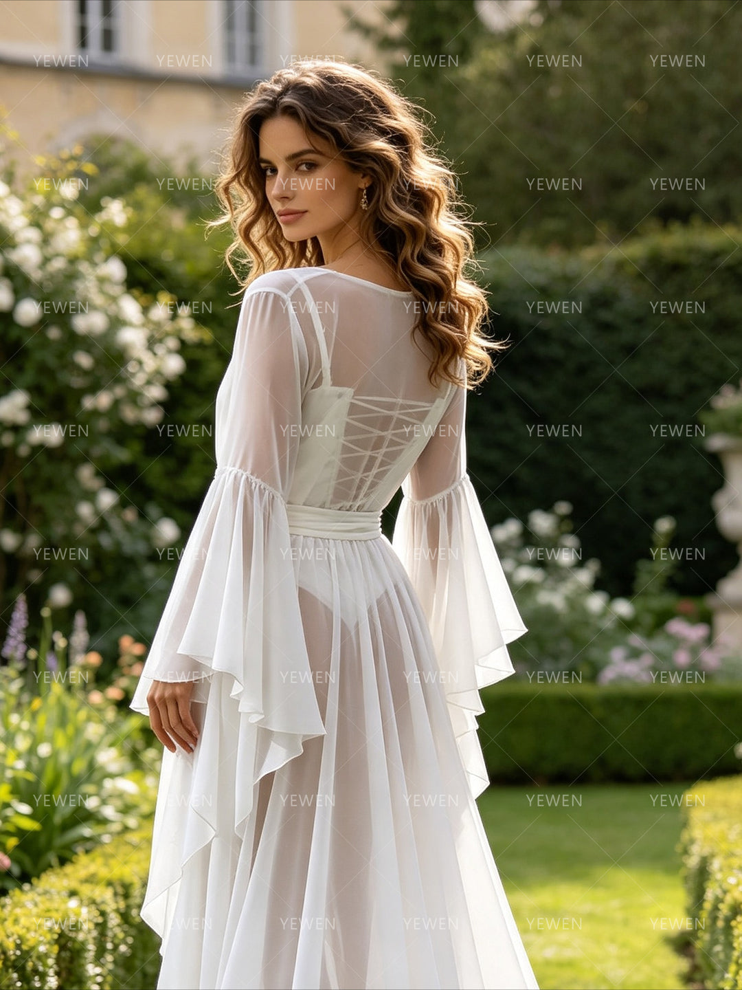 Long White Sheer Bridal Robe with Feather Decoration Chiffon Bridal Getting Ready Robe Wedding Boudoir Gown
