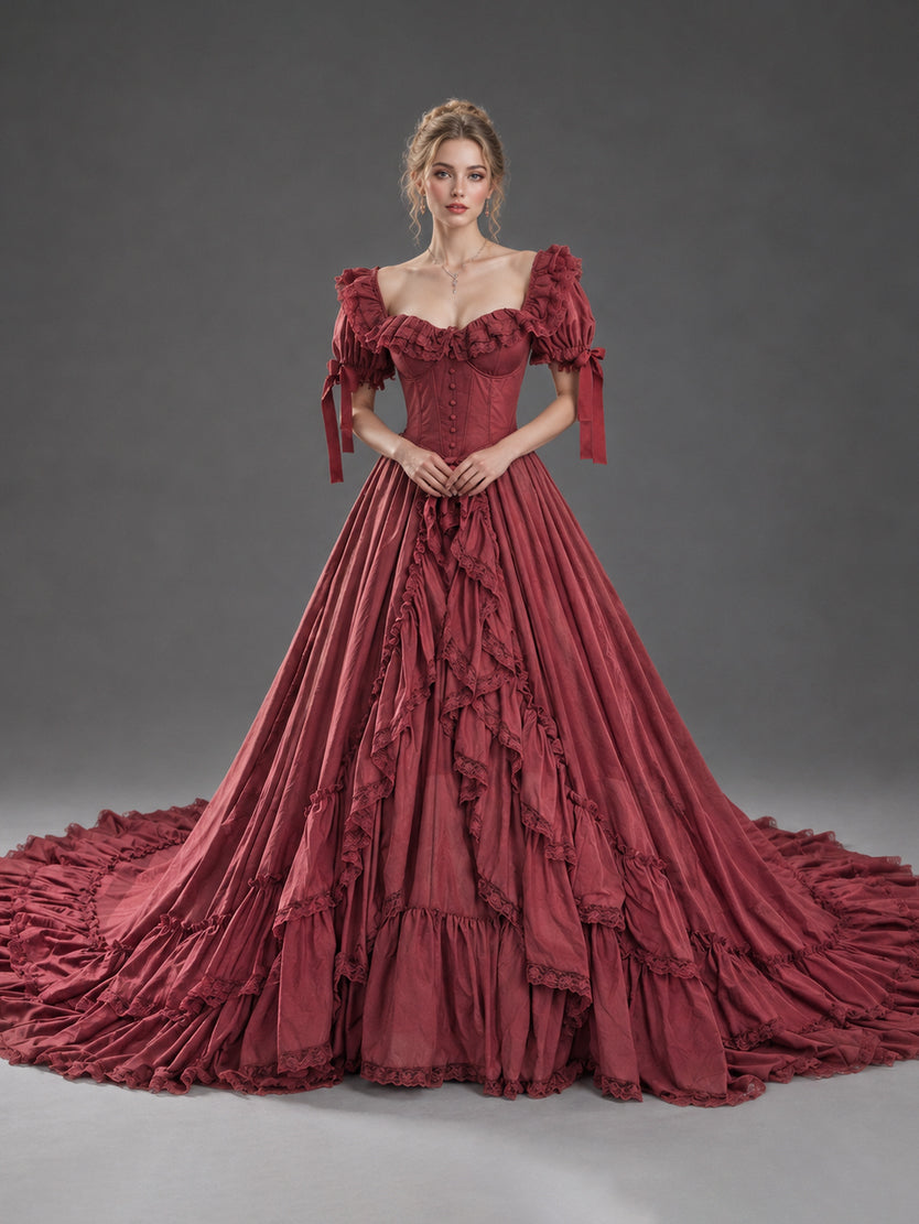 Burgundy Off-Shoulder Ruffled Corset Tiered Christmas Dress YW260357