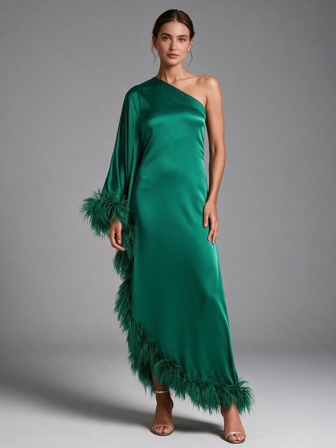 Green One-Shoulder Ostrich Feather Poncho Satin Evening Gown YW2610067