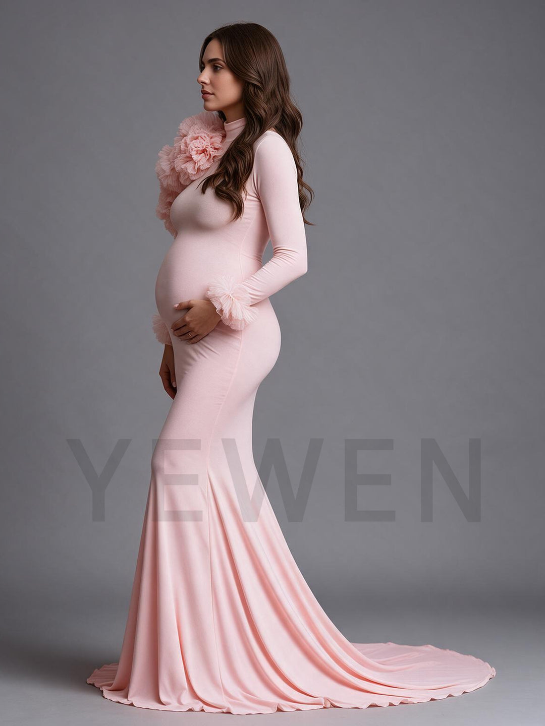 Pink Long Sleeve 3D Floral Mermaid Maternity Photoshoot Gown YW2610142