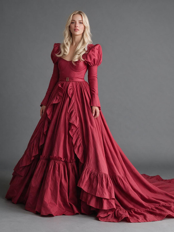 Burgundy Square Neck Puff Sleeve Corset Christmas Dress YW2610095