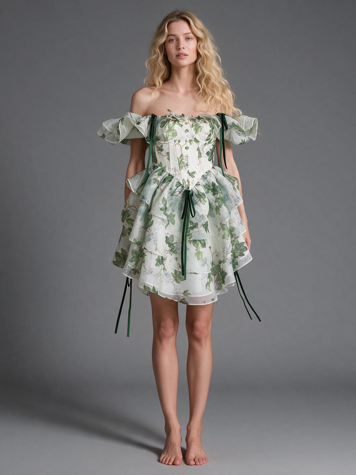 Green Leaf Print Off-Shoulder Puff Sleeve Princess Dress YW2609293