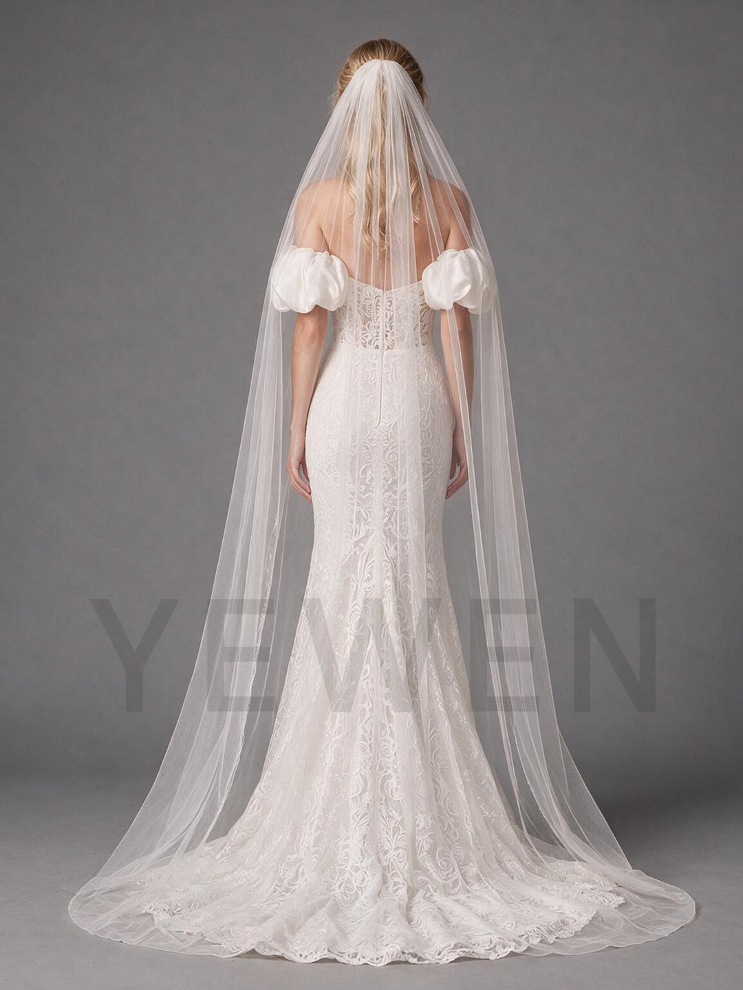 Ivory Off-Shoulder Satin Ruffle Rose Lace Wedding Dress (without Veil)