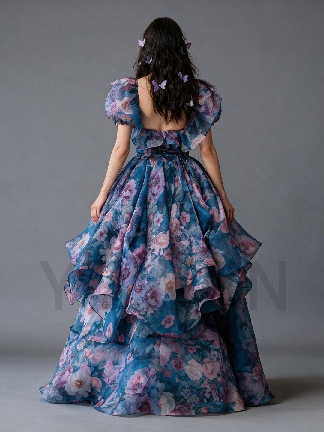 Floral Print Puff Sleeve Tiered Ruffle Princess Dress YW2610157
