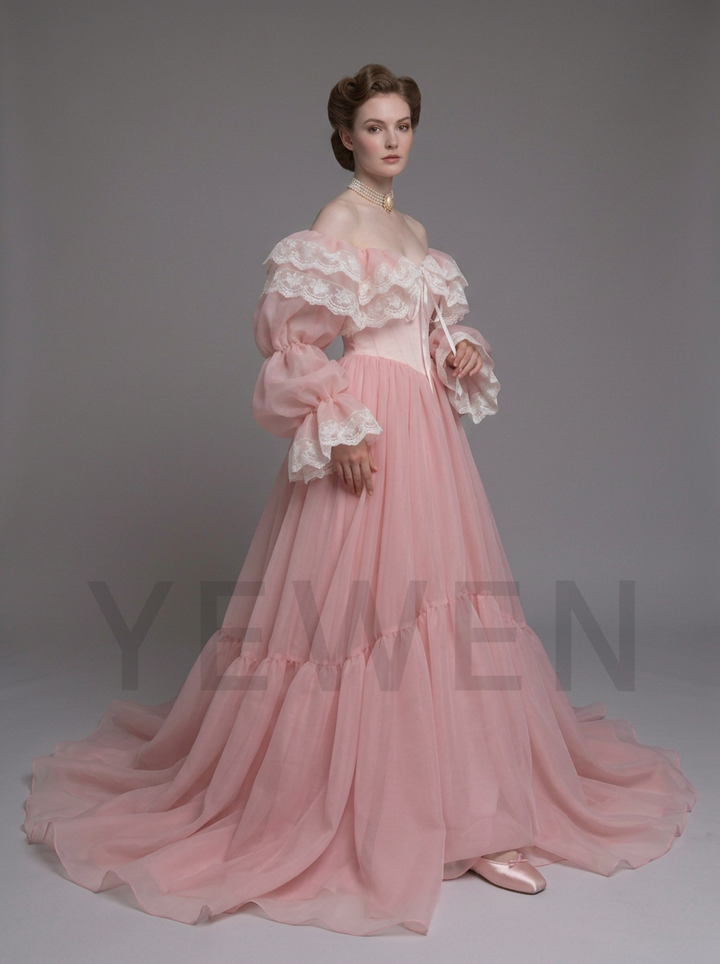 Off-Shoulder Lace Ruffle Puff Sleeve Corset Princess Dress YD260921
